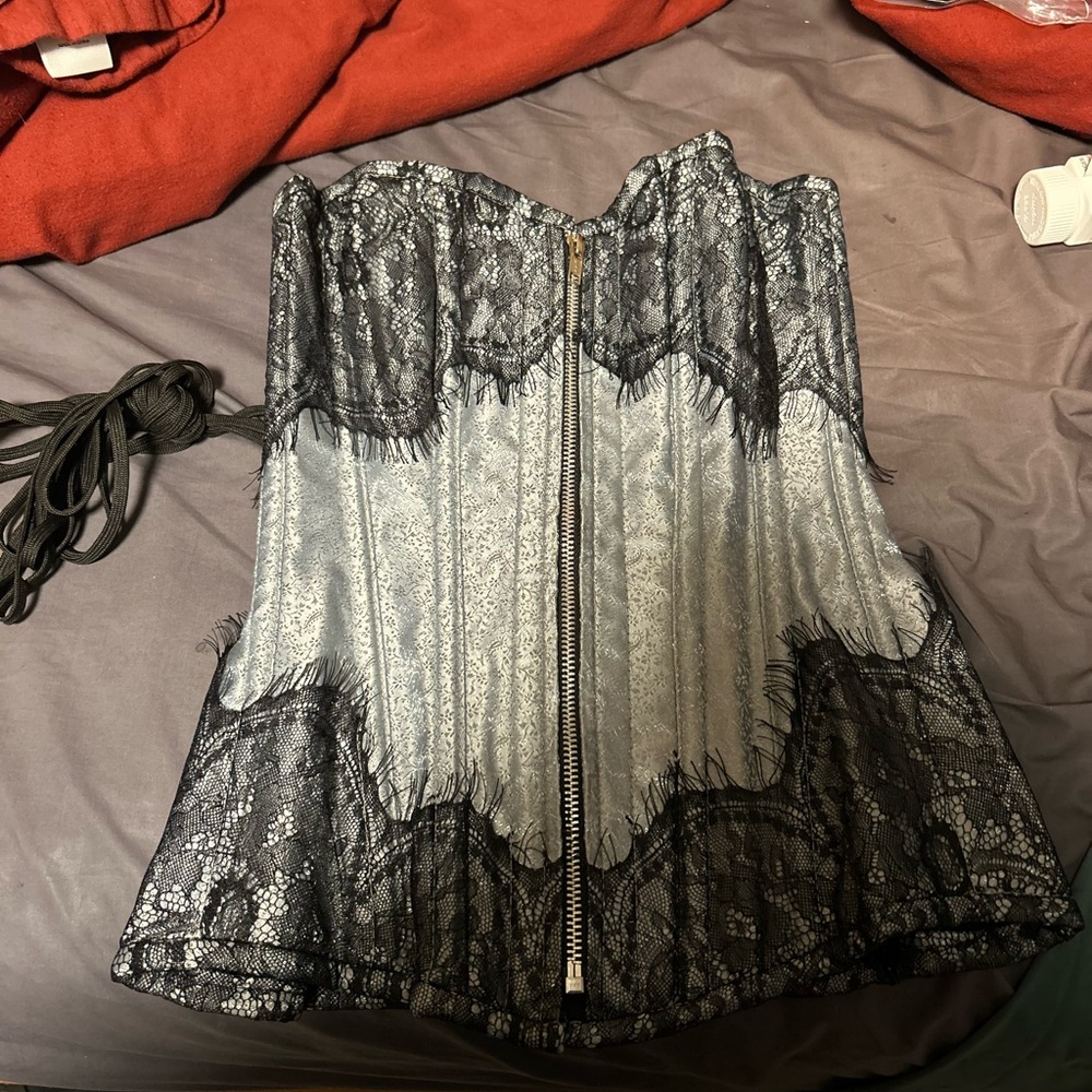 Blue and black lace steel boned corset